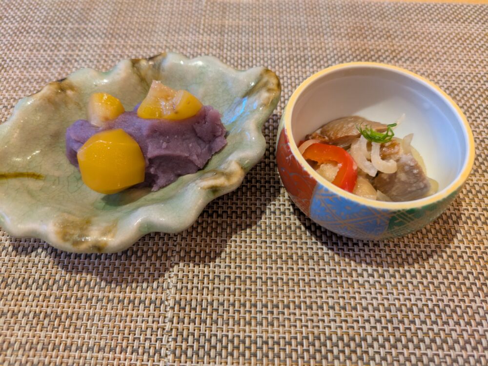 季節料理和色の紫芋金団　と鴨マリネ