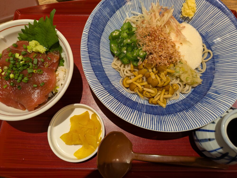 いろり庵上野店の5種の薬味ぶっかけ蕎麦と漬けマグロ丼のセット