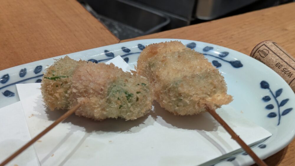 串揚げ青田風の烏賊とオクラ、絹さやベーコン