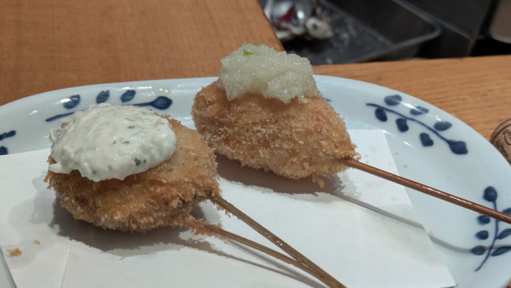 串揚げ青田風の匠の大仙鶏生姜ソースと椎茸えび詰め