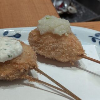 串揚げ青田風の匠の大仙鶏生姜ソースと椎茸えび詰め